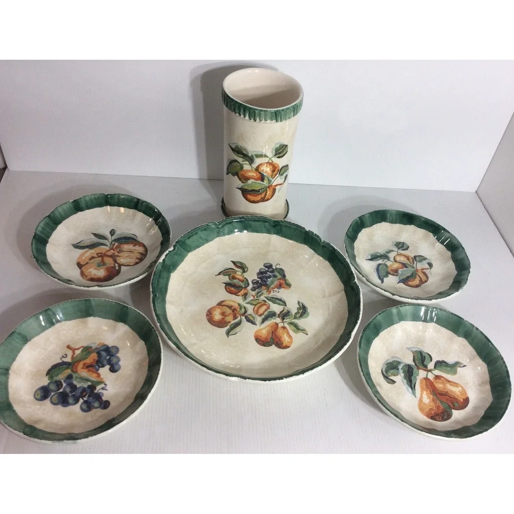 Mid Century Himark Spongewear Italy Pottery Pasta Bowl Set Cottage Core Green